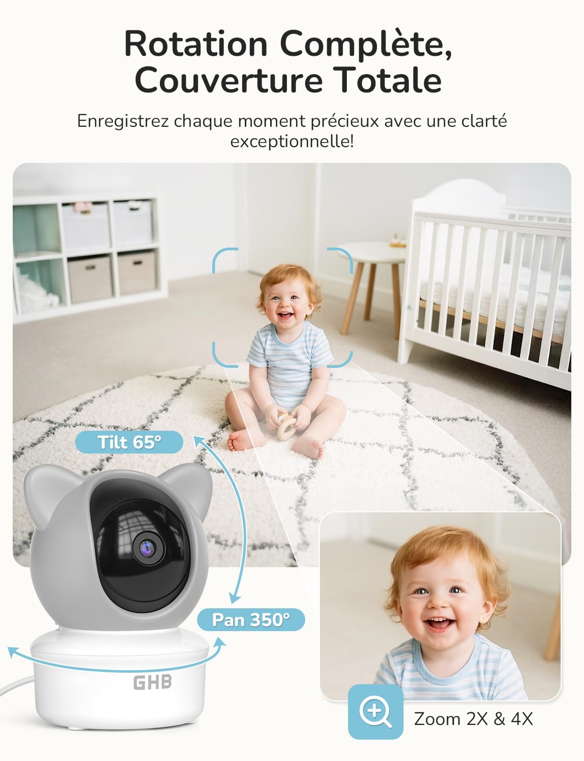 GHB Babyphone Camera 2K Camera Bebe Surveillance 5" Rotation à 350° avec Application Telephone Suivi Automatique Alertes Intelligente des Pleurs/Movements Zoom 4X Détection de Température/Humidité