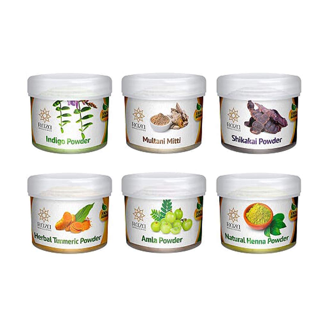 RAZA Herbals & SpicesNatural Indigo + Amla + Henna + Multani Mitti + Kasturi Turmeric + Shikkakai Powder Combo Pack For Hair and Face (Pack of 6)