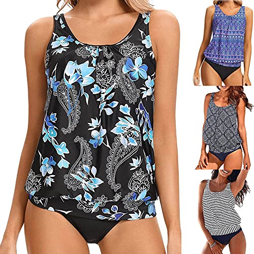 Laonajkd-Tankini-Damen-bauchweg-Bademode-Set-zweiteilig-Drucken-Push-up-mit-Einstellbarer-Bikinislip-Tankini-Top-Gepolsterte-Grosse-Groessen-Beachwear