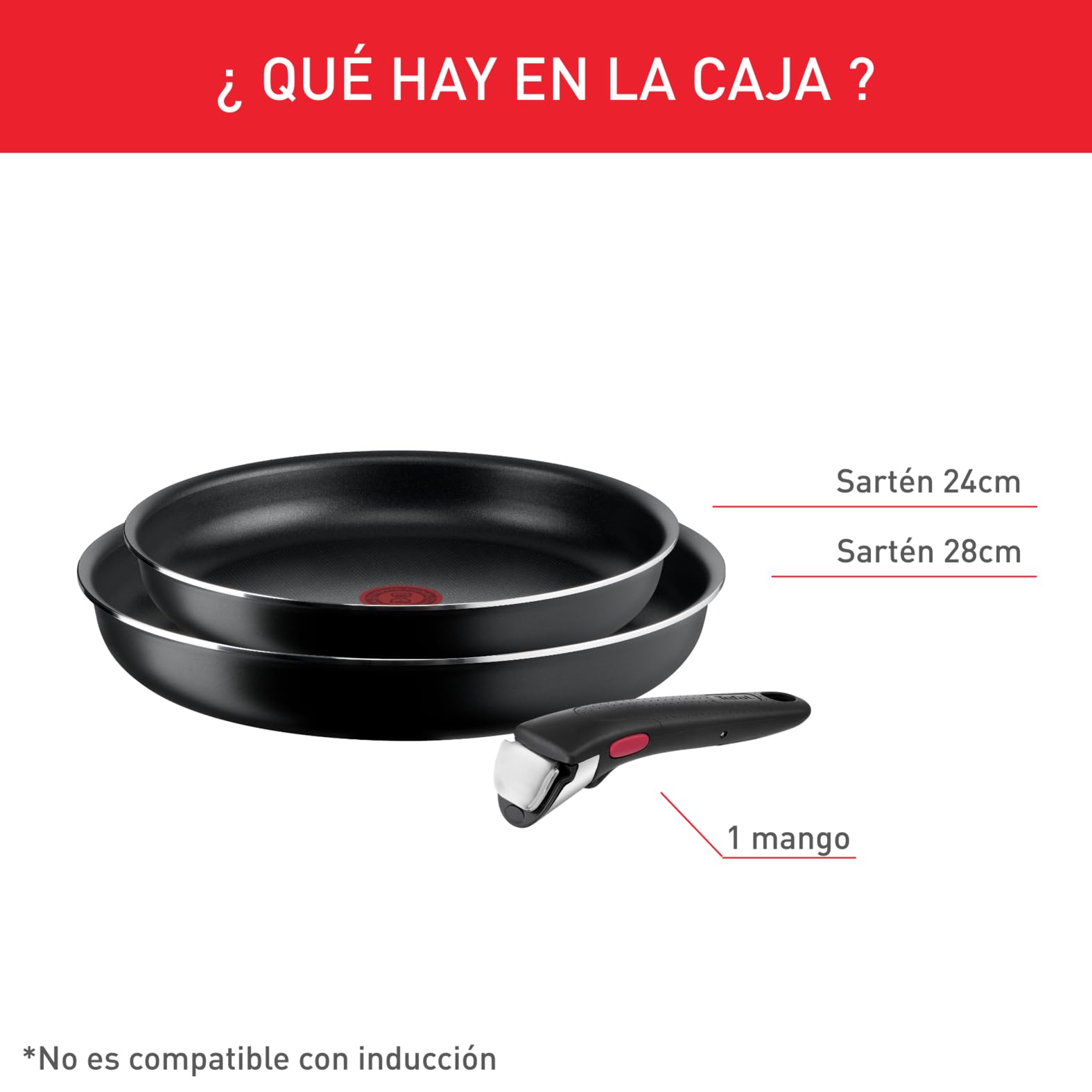 Tefal Ingenio Easy On Juego de 3 Sartenes 22/24/26 cm con mango extraíble, diseño apilable, cocción uniforme, fácil limpieza, sistema de fijación seguro, color negro, sin compatibilidad con inducción