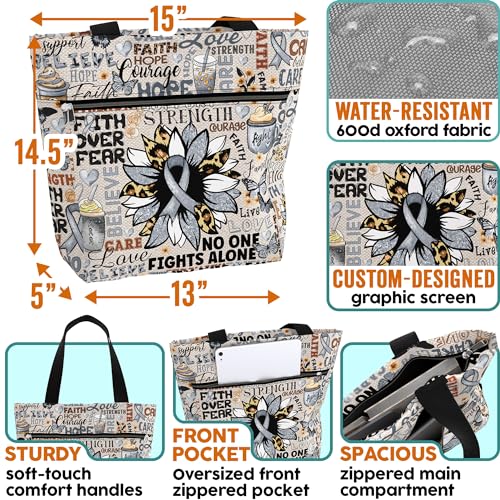 Image of 84hoods Large Waterproof Tote Bag with Pockets and Zipper for Work. Aesthetic Grey Ribbon Support Awareness Gift for Women.