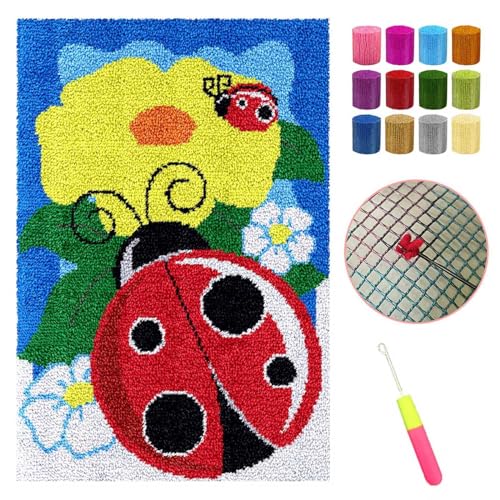 AMBATTERY Knüpfteppich Karikatur roter Marienkäfer Latch Mat für sich selbst Knotenteppich für...