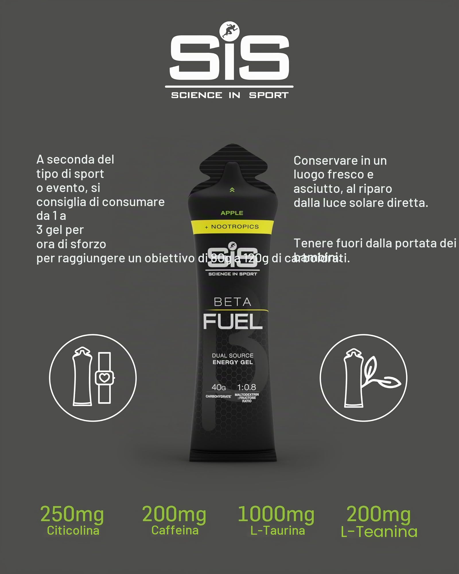 Science in Sport BETA Fuel + Nootropics in gel 30x60ml Mela - Carboidrati energizzanti in gel con 40g di carboidrati, Gel sportivo energetico per lo sport di resistenza