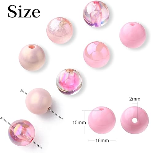 Miniatura 2 de KitBeads 100 cuentas gruesas rosadas aleatorias de 0.631 pulgadas de estilos mixtos, cuentas de goma de mascar de plástico con forma de bola redonda