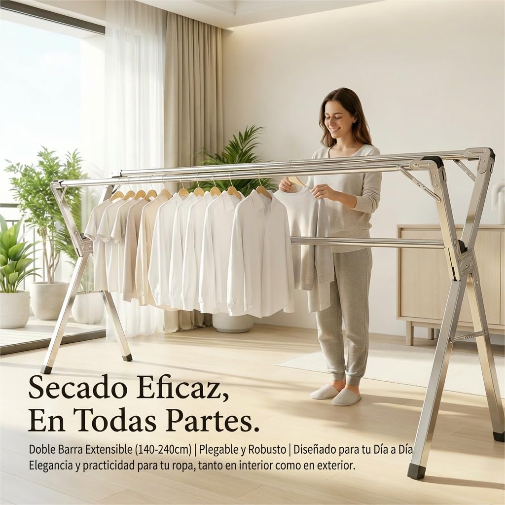 Tendedero Plegable de Acero Inoxidable 140-240 cm, Interior y Exterior