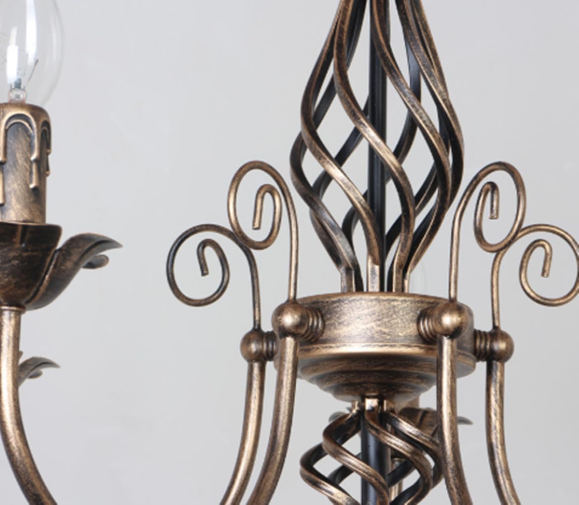 Vintage Landhaus Vierflammige Eisen Kronleuchter Antik Bronze Verzierte Spiralarme Kerzenform E14 Fassung Wohnzimmer Esszimmer Pendellampe Ø57cm