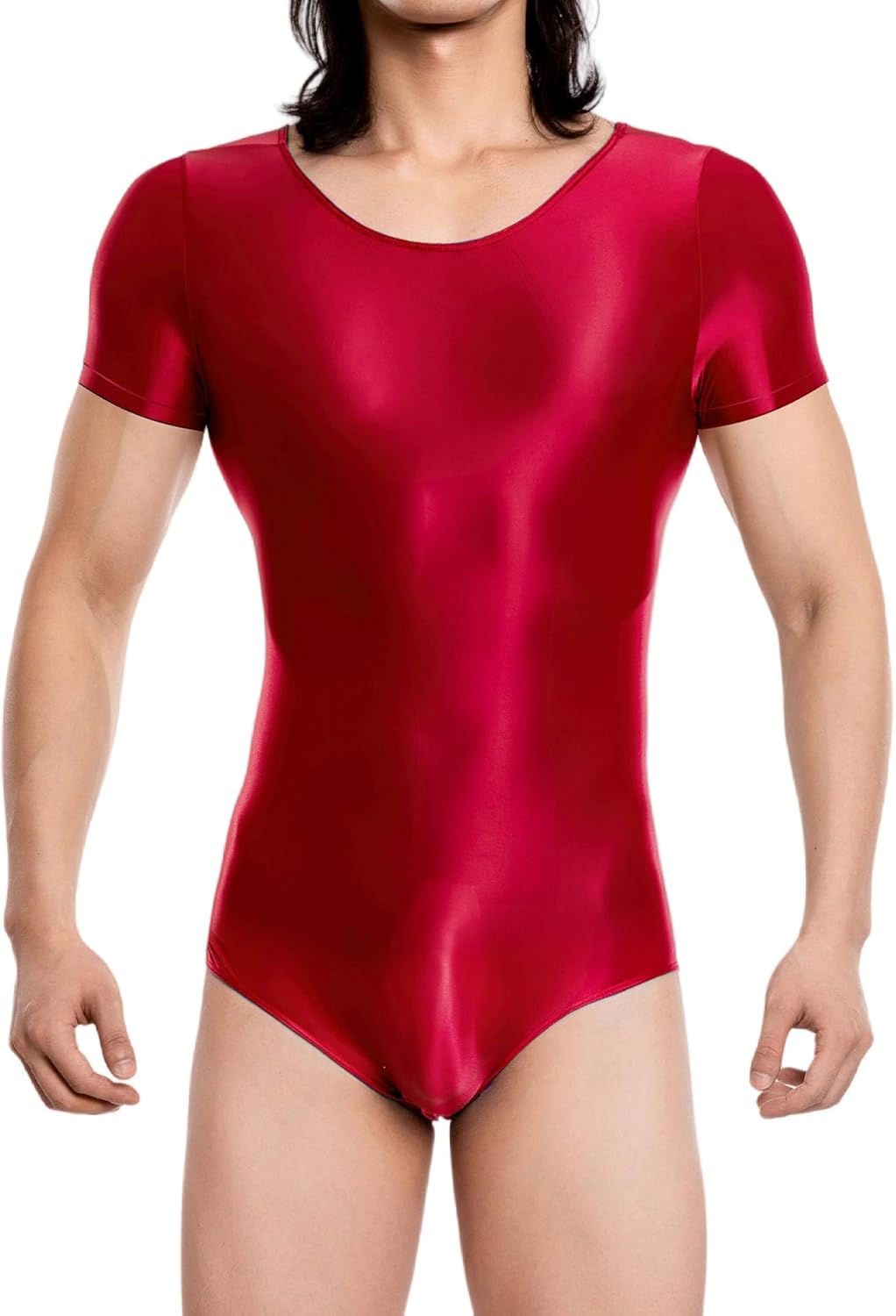 FEOYA Men's Glossy Bodysuit Oil Shiny One Piece Leotard Underwear Sheer Smooth Short Sleeve Lingerie Romper