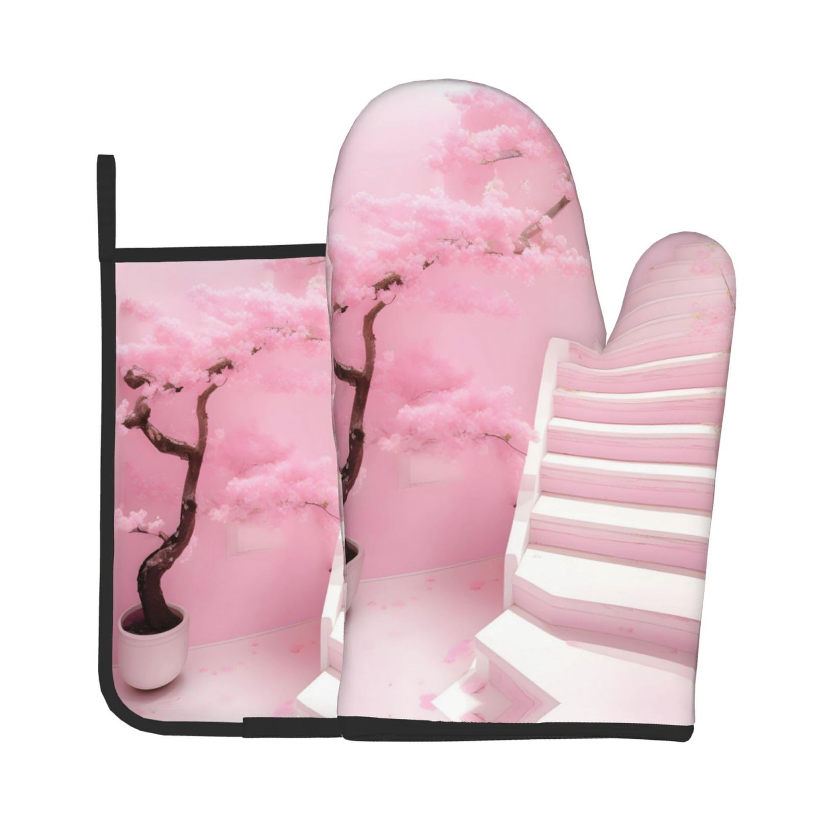 Oven Mitts and Potholders Set of 2 for Kitchen Baking Cooking GrayCherry Blossom White Staircase Thick and Durable
