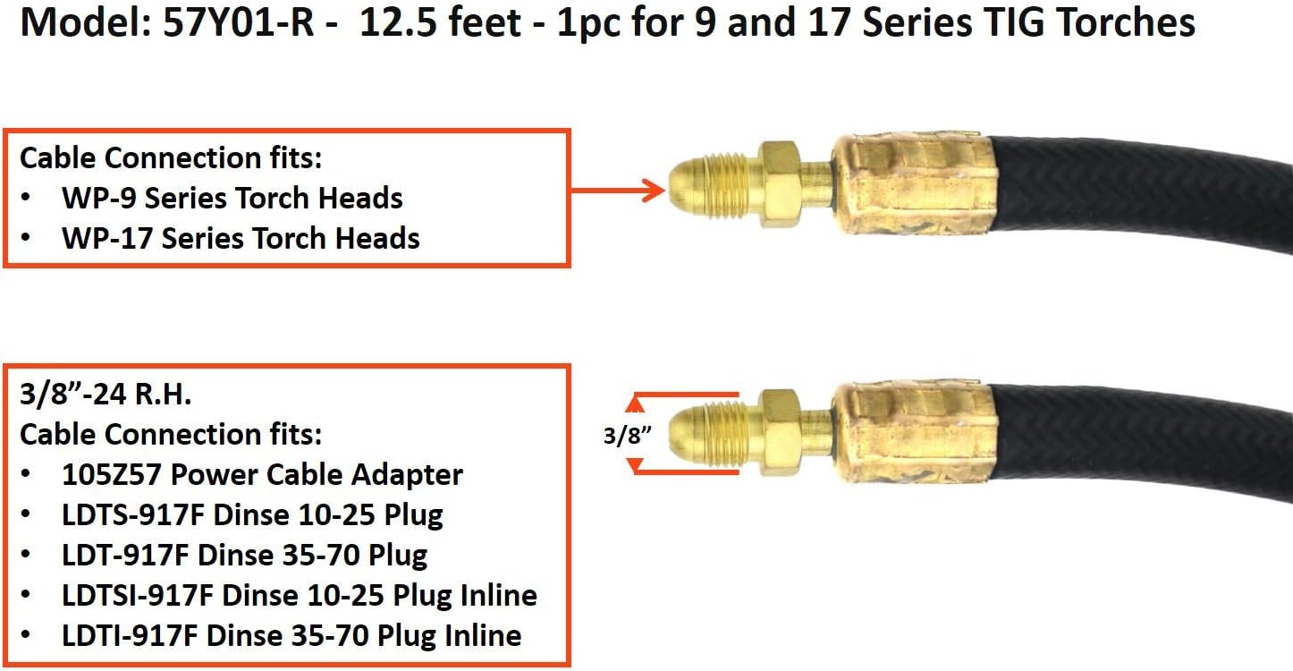 SÜA - TIG Torch Power Cable - Model: 57Y01R - 12.5 feet - 1pc for 9 and 17 Series TIG Torches
