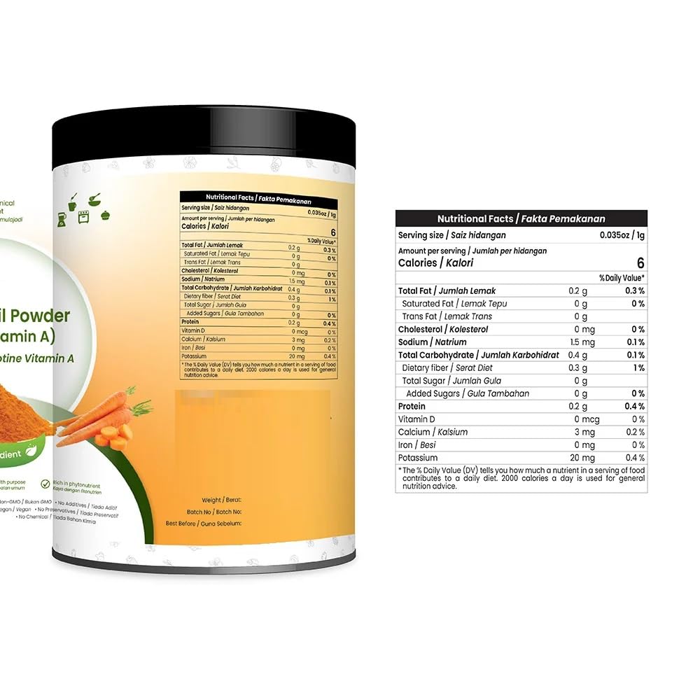 Karottenölpulver - Natürliche Vitamin A - 50g rein 100% natürlich ohne Zusatzstoffe - Für Suppe, Getränke, Backwaren