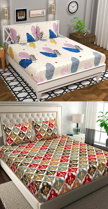 Image of HOMEKART Combo of 2 Double Bedsheet with 4 Pillow Covers - Elegant Designs, Perfect for Every Bedroom Ultra Soft, Fade-Resistant & Durable Breathable & Wrinkle Sheets 220 x 218 cm - White Blue & Red
