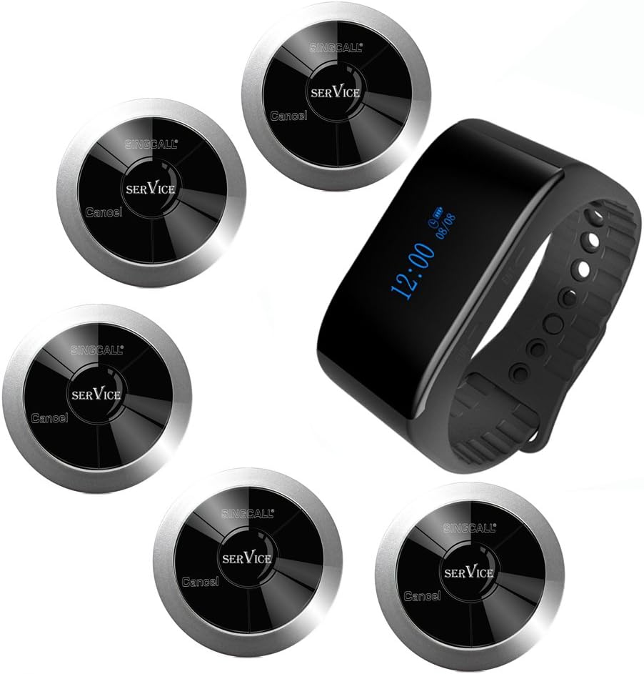 SINGCALL Wireless Restaurant Table Call System Waiter Caller Call Waiter Nurse Family,Pack of 1 Watch Receiver and 5 Pagers