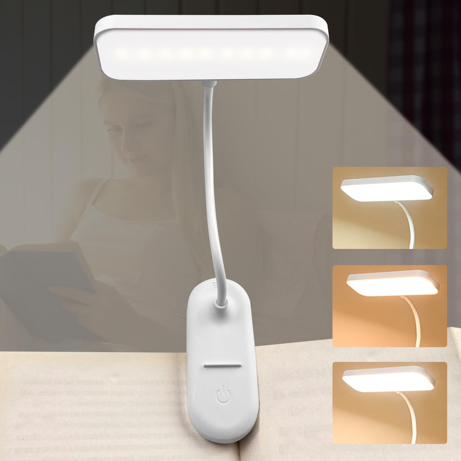 Oulesvte Luz de Lectura, USB Luz de Lectura Recargable, 3 Colores y Atenuación Continua, 360° Flexible con Clip Luz de Lectura, LED Luz de libro, para Lectores Noche, Tablet, Estudio, Libro, Viaje