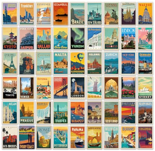 Image of Pack of 54 Vinatage City Wall Collage Kit Posters - 4 x 6 Inches Wall Decor Poster - Wall Art For Bedroom, Living room, Office - 1 Tissue Tape