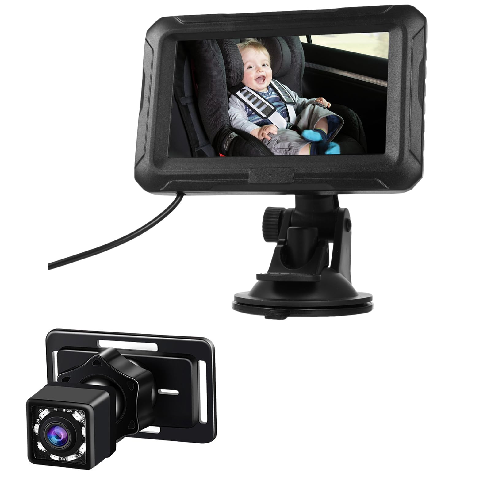 Tbest Moniteur de bébé de Voiture, Rétroviseur de Voiture pour bébé 4,3 Pouces 1080P avec Caméra Caméra de avec Vision Nocturne Angle de Vision de 150 pour (sans câble USB)