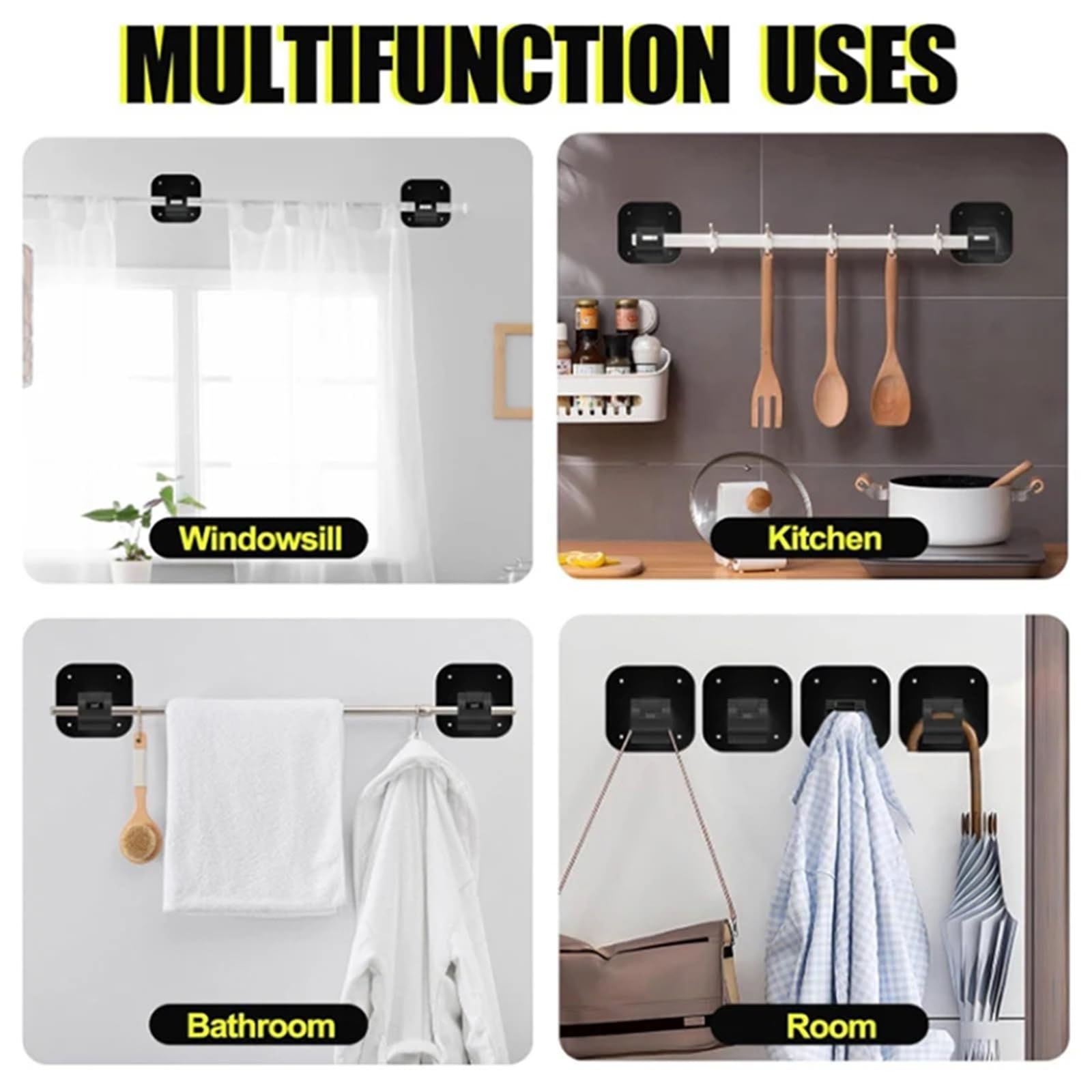 Lot de 4 supports de tringle à rideaux adhésifs pour tringle à rideaux - Crochets pour suspendre des rideaux pour salle de bain et chambre à coucher