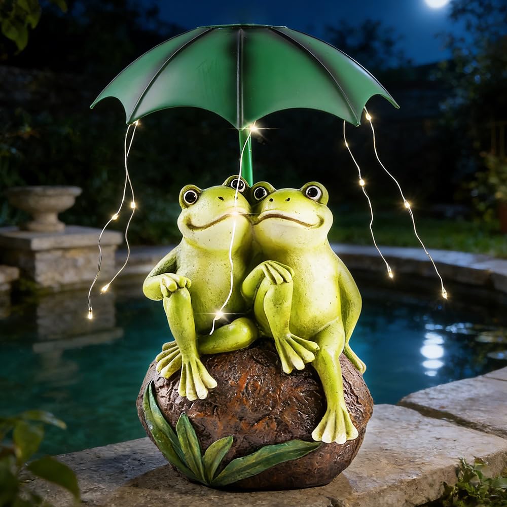 Foreverup Solar LED Frog Garden Ornaments Outdoor, Waterproof Couple Frog Figurine with Umbrella String Lights, Resin, Garden Frog Statue Decoration, Gift for Fairy Garden Patio Balcony Yard Lawn