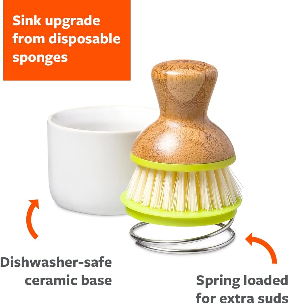 Full Circle Bubble Up Ceramic Soap Dispenser & Bamboo Handle Dish Brush – Replaceable Kitchen Dish Scrubber with Soap Holder, Green