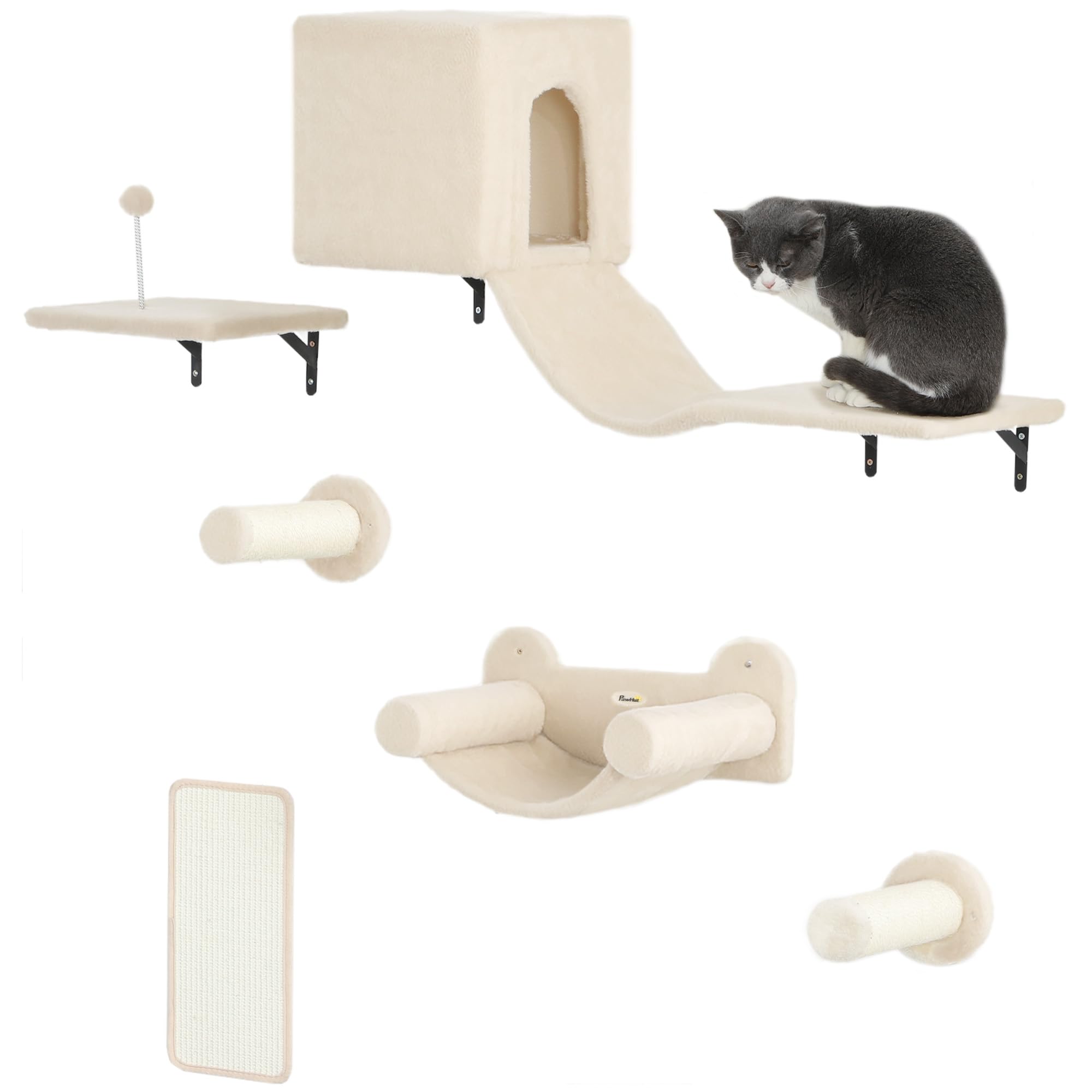 PawHut Juego de Pared de Escalada para Gatos Condominio 6 Piezas Beige | Estanterías para Gatos, Plataforma, Hamaca, Escaleras, Percha, Tabla Rascador, Poste de Sisal, Bola de Juguete