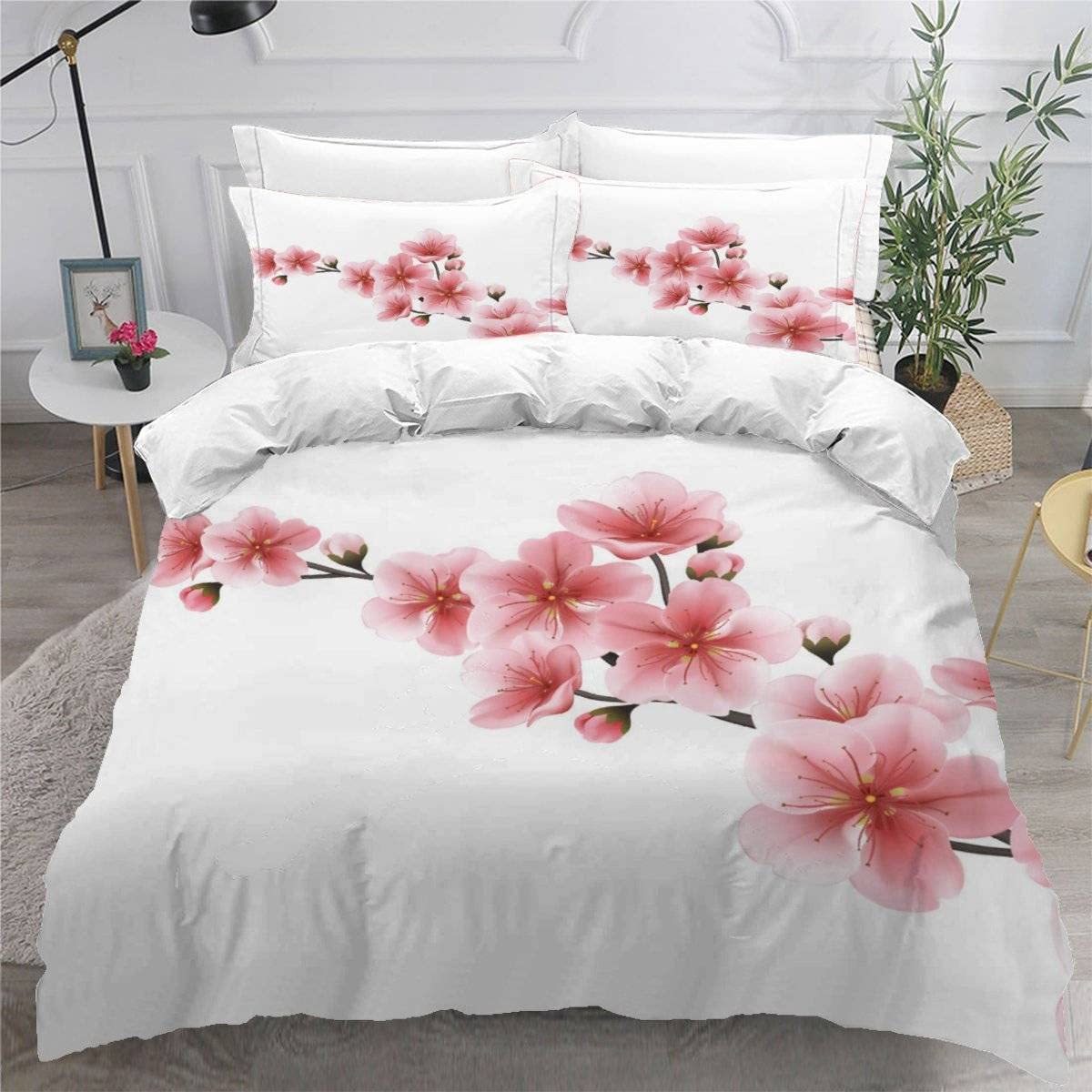VASENA Pink Cherry Blossom Branch Bedding Super King Size Duvet Cover White Bedding Set Modern Luxury 3Pcs Microfiber Comforter Cover with Zipper Breathable （260x220）