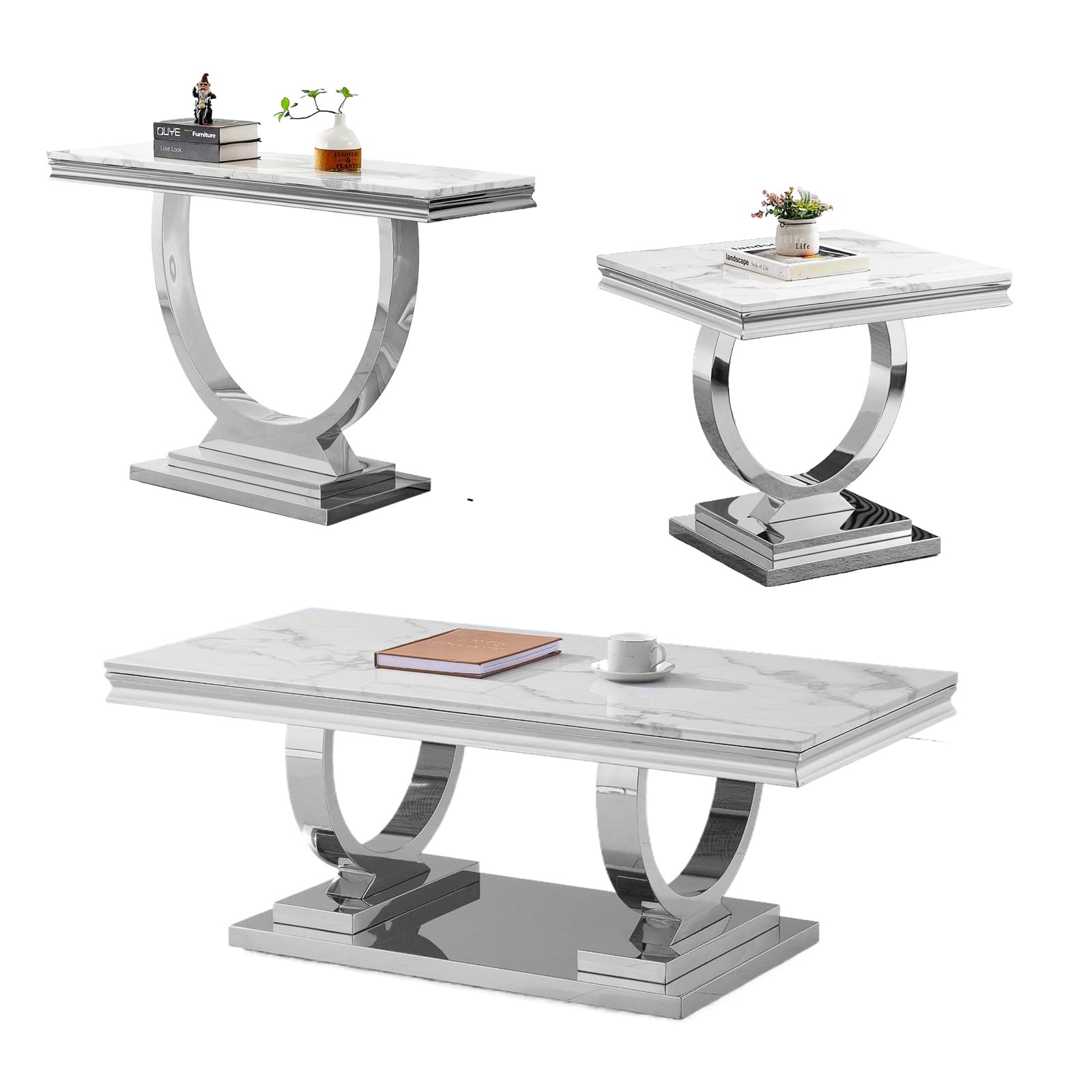 SSLine Marble Coffee Table Set of 3,3 Piece Coffee Table Sets for Living Room,Faux Marble Console Table and End Table with Wood Tabletop and Stainless