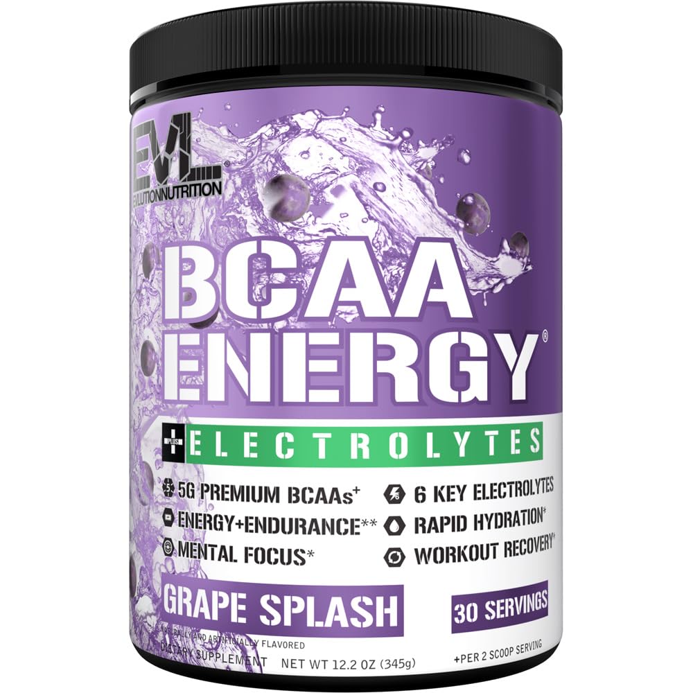 EVL BCAAs Amino Acids Powder - BCAA Energy Pre Workout Powder for Muscle Recovery Lean Growth and Endurance - Rehydrating Post Workout Recovery Drink with 6 Key Electrolytes - Grape Splash