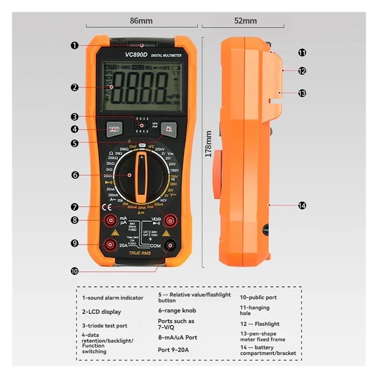 Multimetr, VC890C+VC890D Cyfrowy Multimetr True RMS 20A Z Podświetleniem