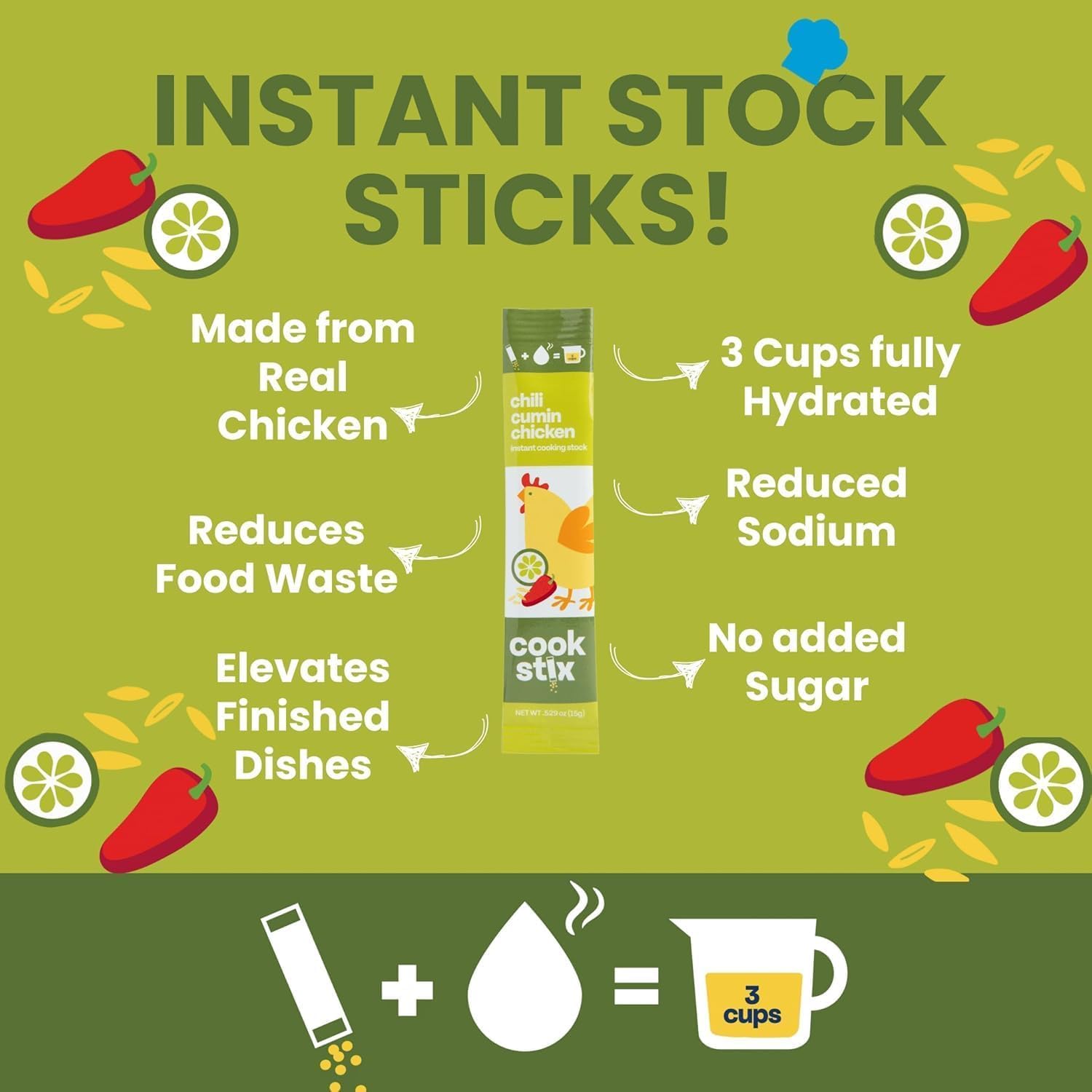 Cookstix Instant Chicken Stock Sticks Variety Pack (4 Pack) – Classic Roasted, Coconut Ginger & Chili Cumin Lime – Clean Label, Lower Sodium, Naturally High Protein Chicken Stock Alternative, No Waste