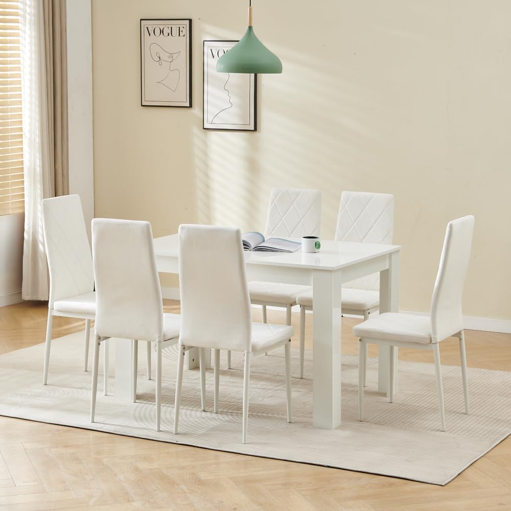 Menaka Wood Dining Table and Chairs White Set of 6, Small Rectangular Kitchen Dinner Table with 6 Seaters (Argyle Grid White Velvet Chairs, 120m high gloss white table, 6 seaters) — image 1
