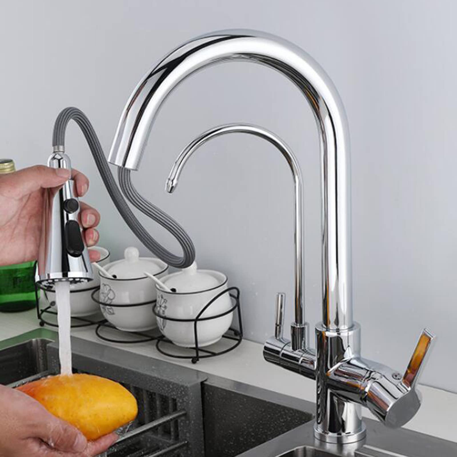 Robinet de cuisine 3 voies en laiton chrome avec douchette extractible pour evier