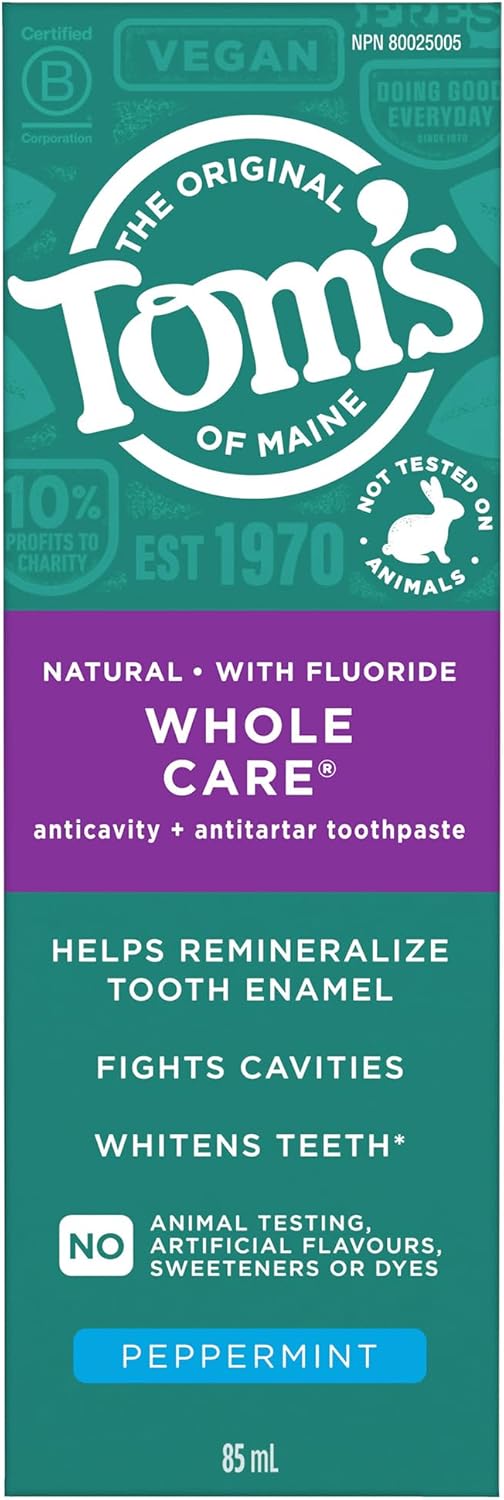 Tom's of Maine Whole Care Fluoride Natural Toothpaste, Peppermint, 85 mL