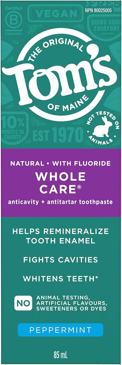 Tom's of Maine Whole Care Fluoride Natural Toothpaste, Peppermint, 85 mL