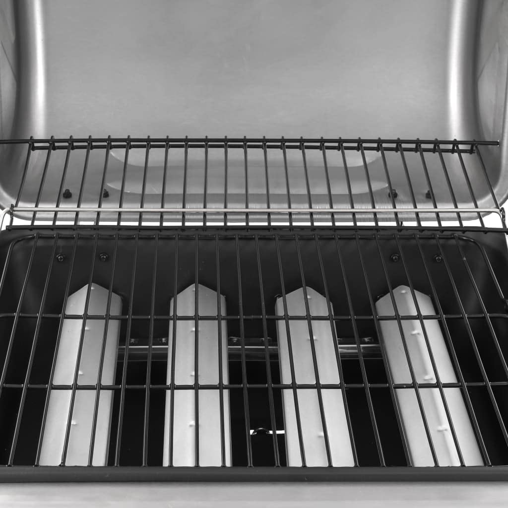 Barbecue a gas con 4 fuochi, stazione barbecue da giardino con copertura, termometro e ripiani, nero e argento