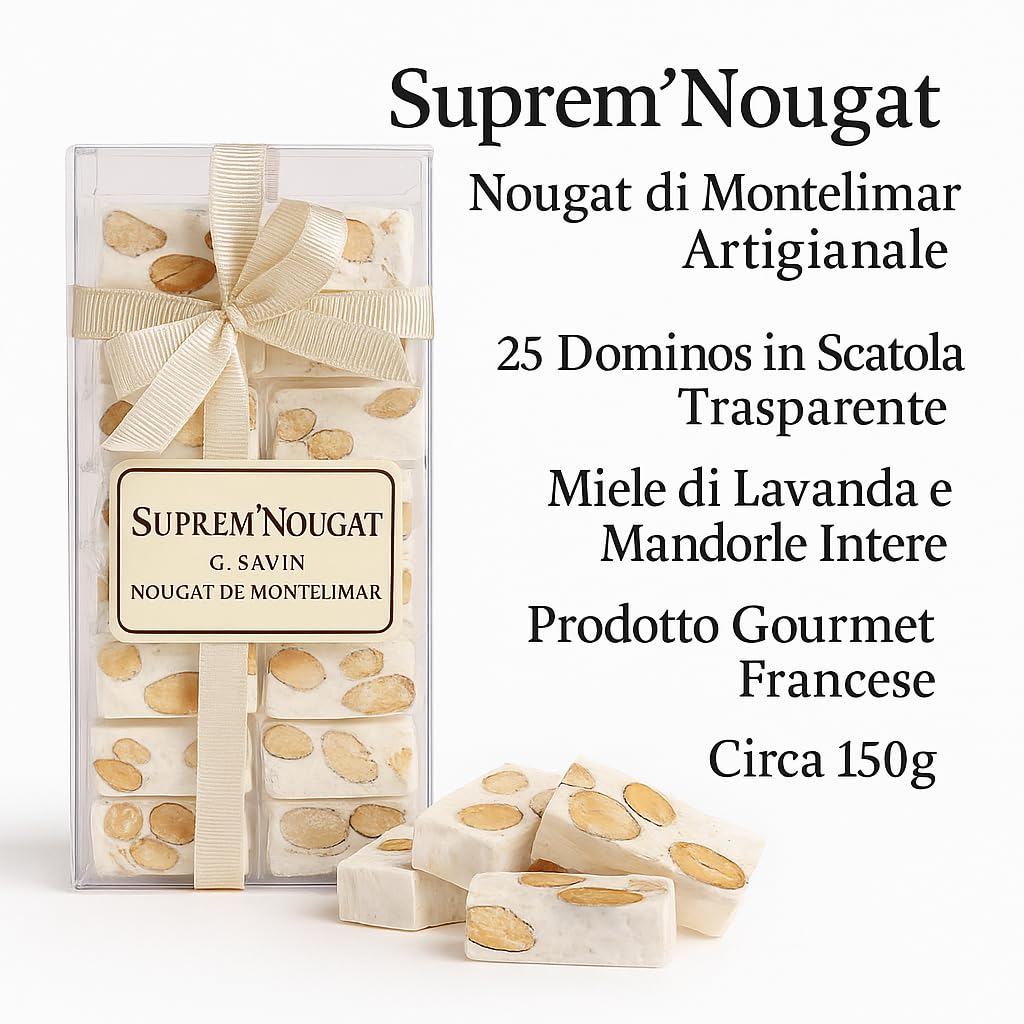 Suprem Nougat | Nougat tendre de Montelimar Artisanal | 25 Nougateaux souples en conserve transparente | Miel de lavande amandes et pistaches | Produit français traditionnel | 250g