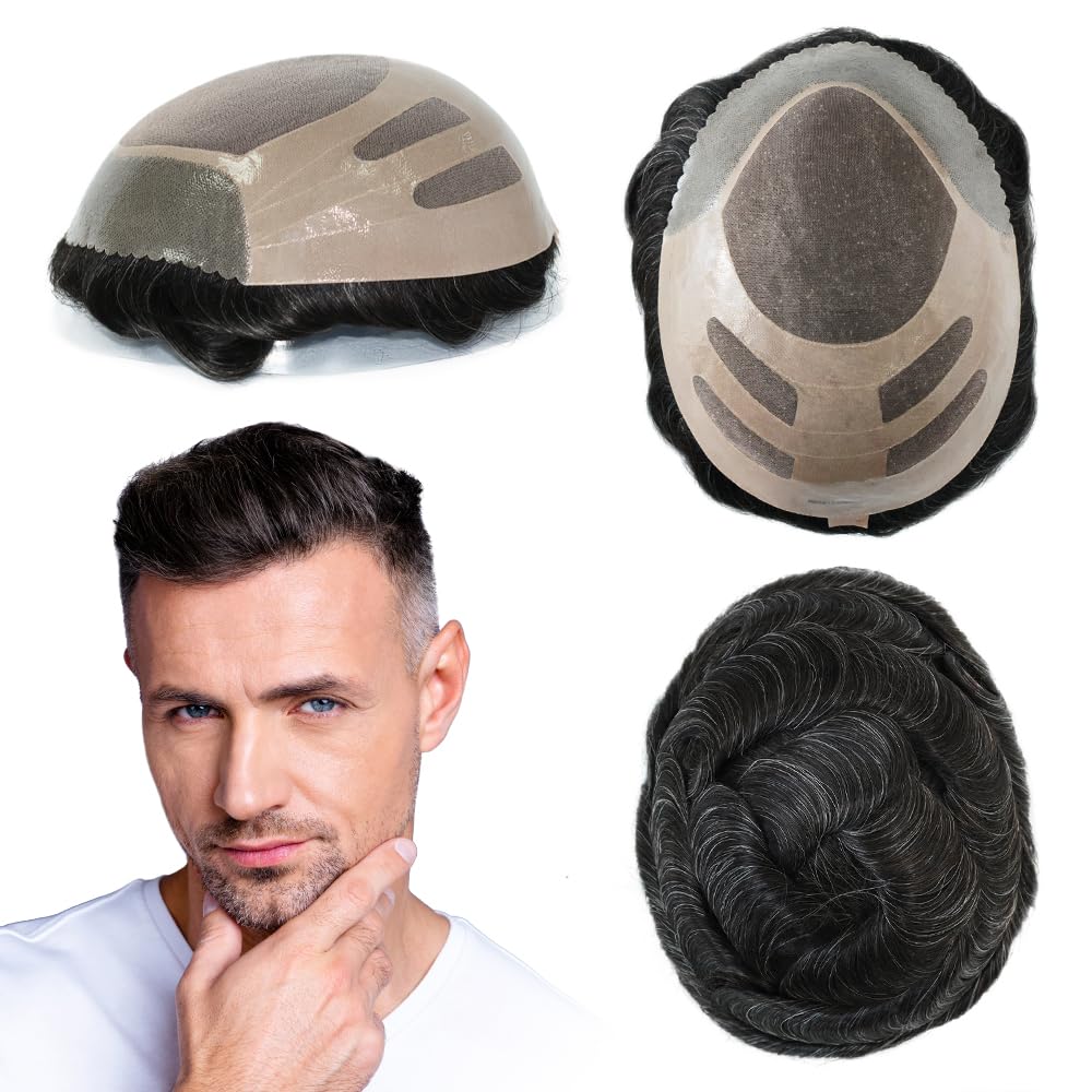 HAIR NATURE Mens Toupee Human Hair Pieces, Human Hair Replacement System for Men, Durable Fine Mono Hair Units #1B20