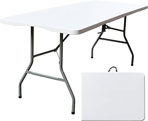 Foldable Table, Plastic 6FT Folding Table, Indoor Outdoor Protable Utility Table with Handle for Party, Camping and Picnic, White