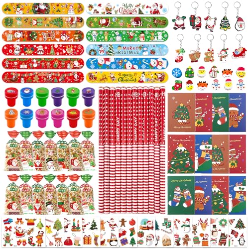 TOPJOWGA Brinquedos festa de Natal, 132 peças brinquedos de Natal para crianças, presente de Natal bolsas, pulseiras, lápis, tatuagens, ananás aniversário infantil, presentes de Natal festa
