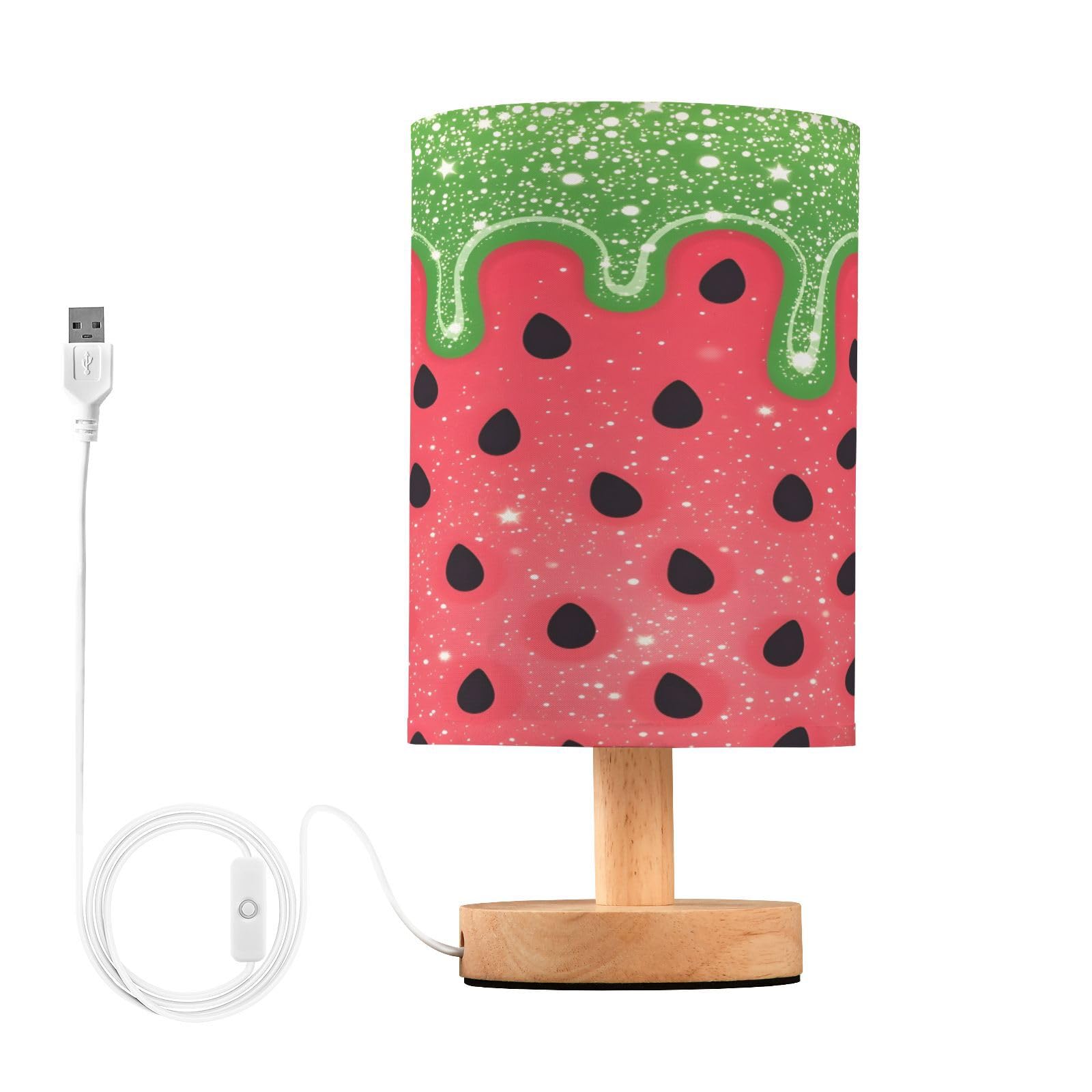 Table Lamp Bling Watermelon Bedside Nightstand Lamps Decorative Fabric Shade Light with Wood Base for Bedroom, Living Room, Office