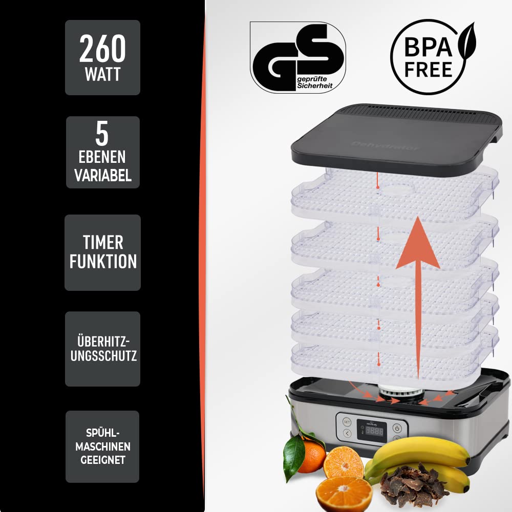 Kitchen Quality suszarka do owoców z 5 wkładanymi półkami, z timerem, zabezpieczeniem przed przegrzaniem i mocą 260 W, suszarka do ziół
