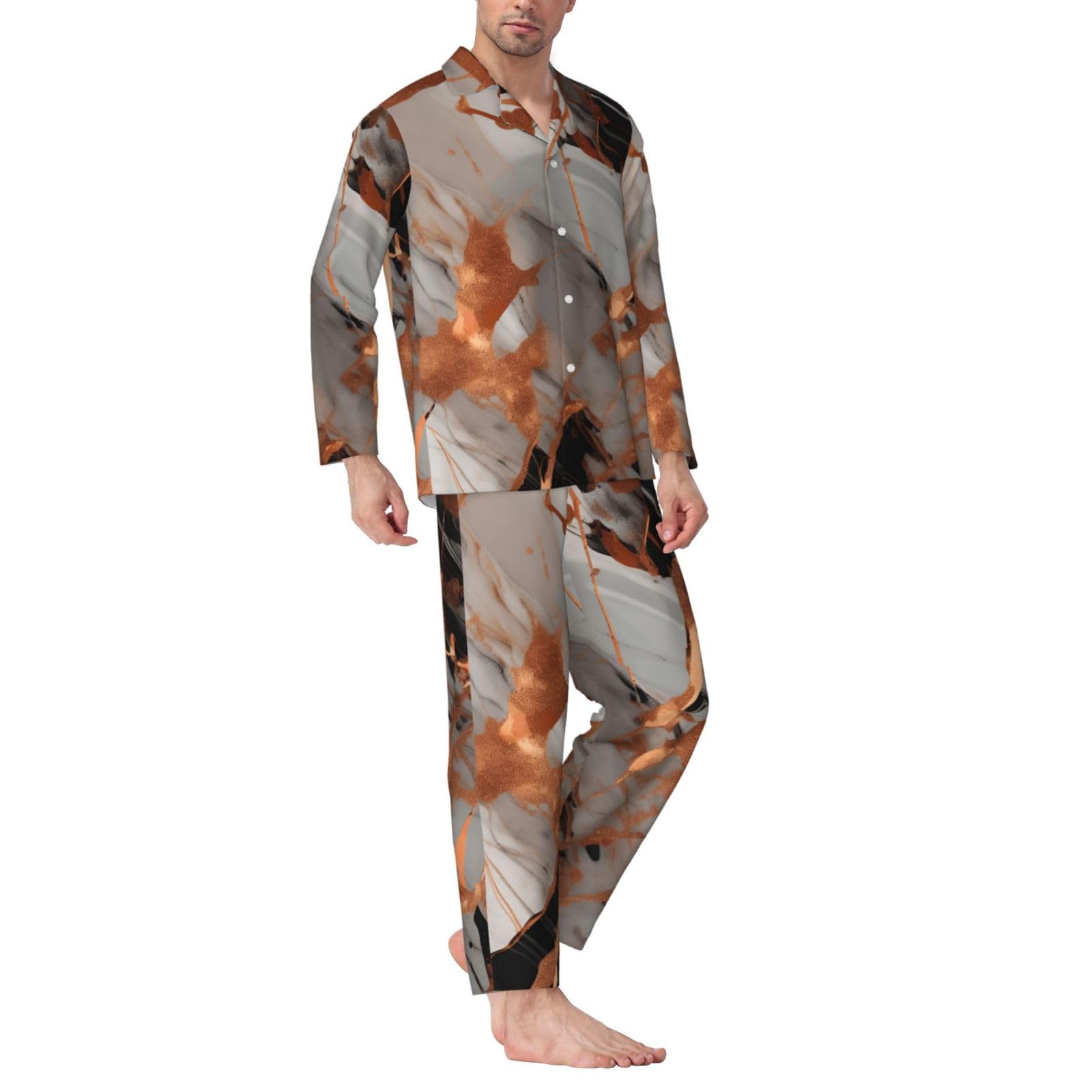 Herren-Pyjama-Set mit Marmor-Textur, Kupferspritzer-Druck, langärmelig, zweiteilig, Hauskleidung, bequeme Nachtwäsche, Nachtwäsche
