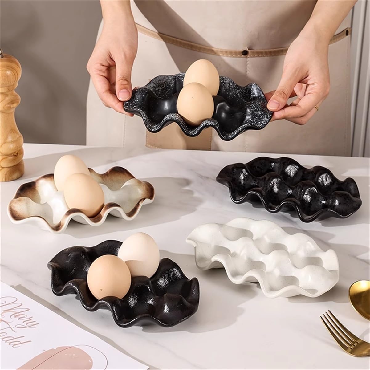 Egg Tray, Handmade Ceramic 6-Slot Creative Decoration Living Room Storage Tray for The Key, Ring and Jewelry, 2 Pieces ﻿ ﻿(E)