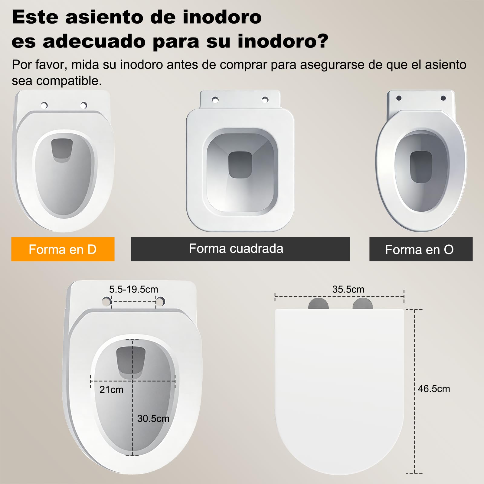 SURFOU Tapa WC Universal en Forma de D, Asiento de Inodoro de Duroplast con Cierre Suave, Soporta hasta 200 kg, Desmontaje Rápido para Limpieza Fácil, con Gomas para Fijación Estable