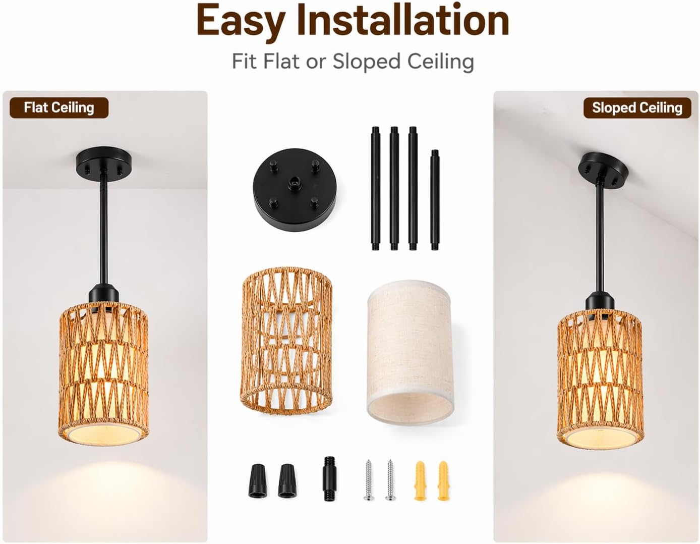 Rattan Pendant Light, 6 Inch 2-in-1 Boho Hanging Fixture with Iron Rods & Linen Shade, Adjustable Height & Sloped Ceiling Compatible for Kitchen Island Dining Room Farmhouse Bedroom, 1 Pack