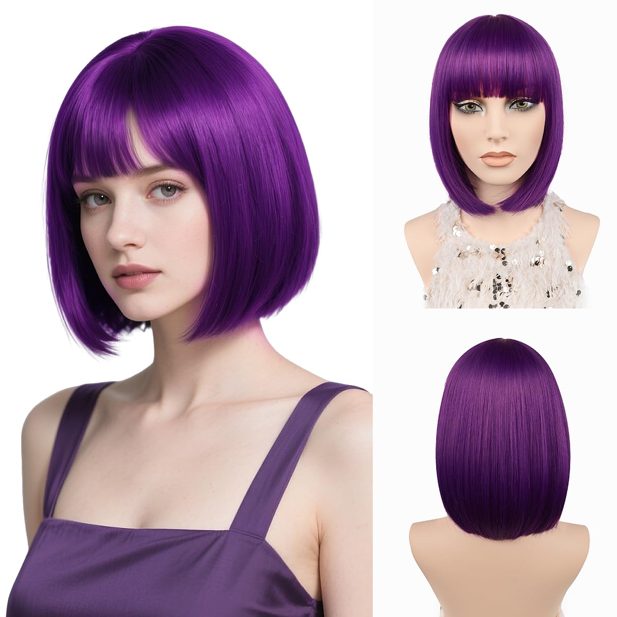 Short Bob Wig with Bangs 12Inch Synthetic Colourful Bob Wig for Women Girls Heat Resistant Fiber Hair Natural Looking Christmas Halloween Cosplay Party Daily Wear (Dark Purple)
