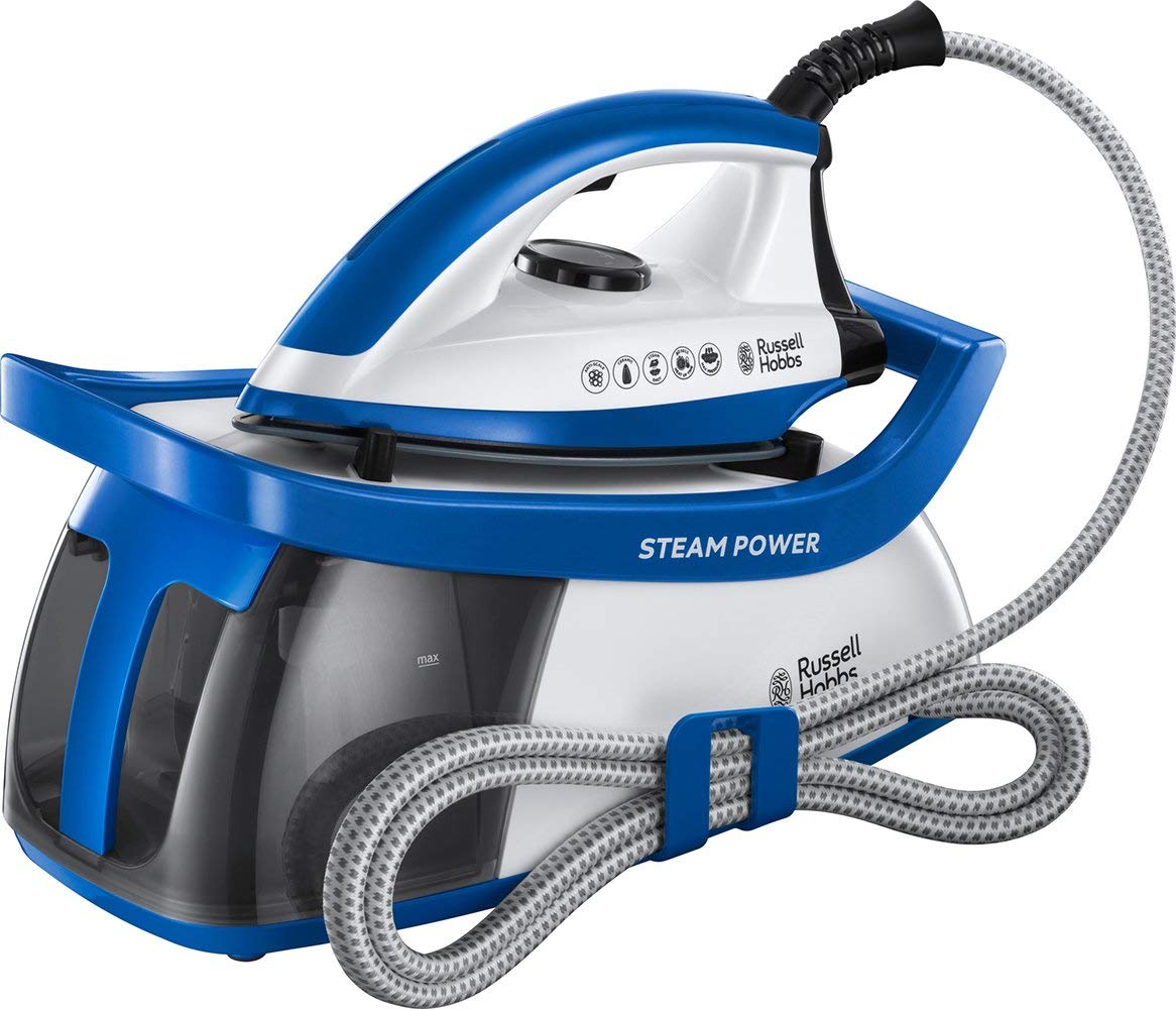 Russell Hobbs Centro de Planchado Steam Power - 2600 W, Suela Cerámica, Presión 4,5 Bares, Depósito 1,3L, Antical, Golpe Vapor 120 g, Recogecable, Indicador Luminoso, Blanco y Azul - 24430-56