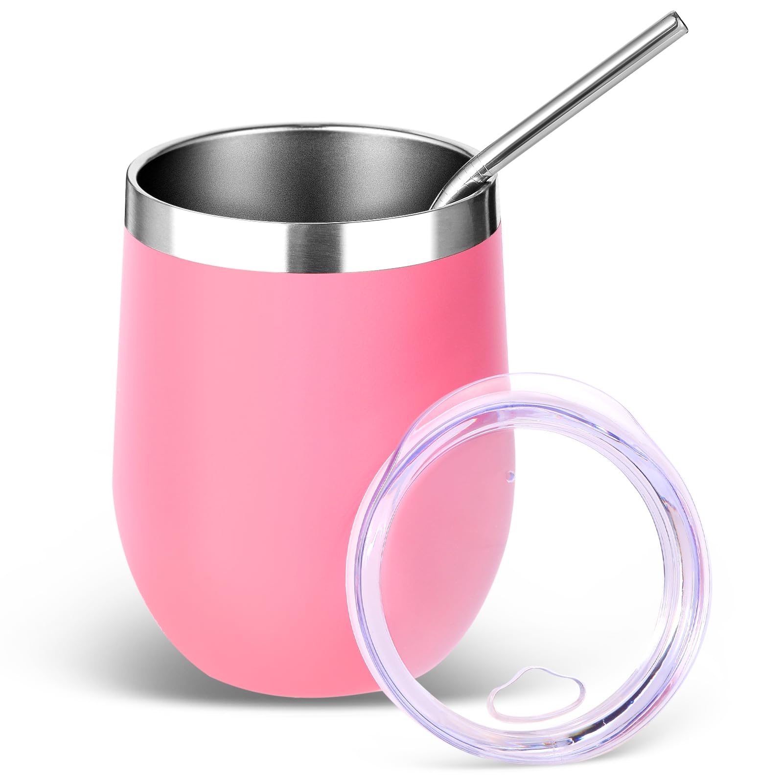 Volhoply 12oz Stainless Steel Wine Tumbler with Lid and Straw,350ml Double Wall Vacuum Insulated Stemless Wine Glasses,Travel Coffee Mug for Cold Drinks,Tumblers Gifts for Women Men(Pink,1 Set)