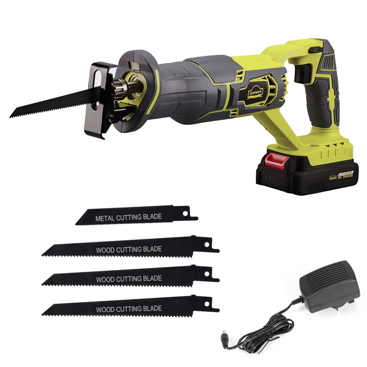 Cordless Reciprocating Saw, DEWINNER Electric Saw Variable Speed 20V, 2.0AH, Tool Free Blade Change,LED Light, Wood Metal Cutting, Tree Pruning, 1 Battery and Charger Include, Green
