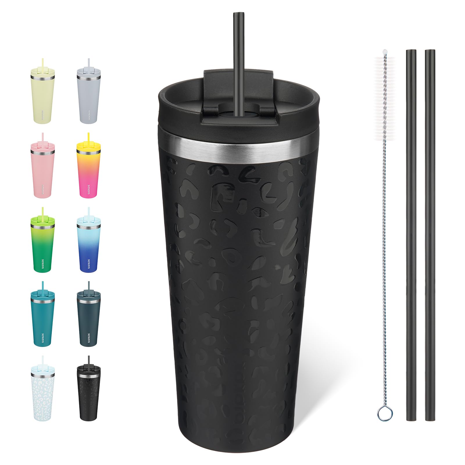 BJPKPK 22oz Insulated Tumbler with lid and Straw Stainless Steel Tumblers Travel Coffee Mug Reusable Thermal Cup,Black Leopard