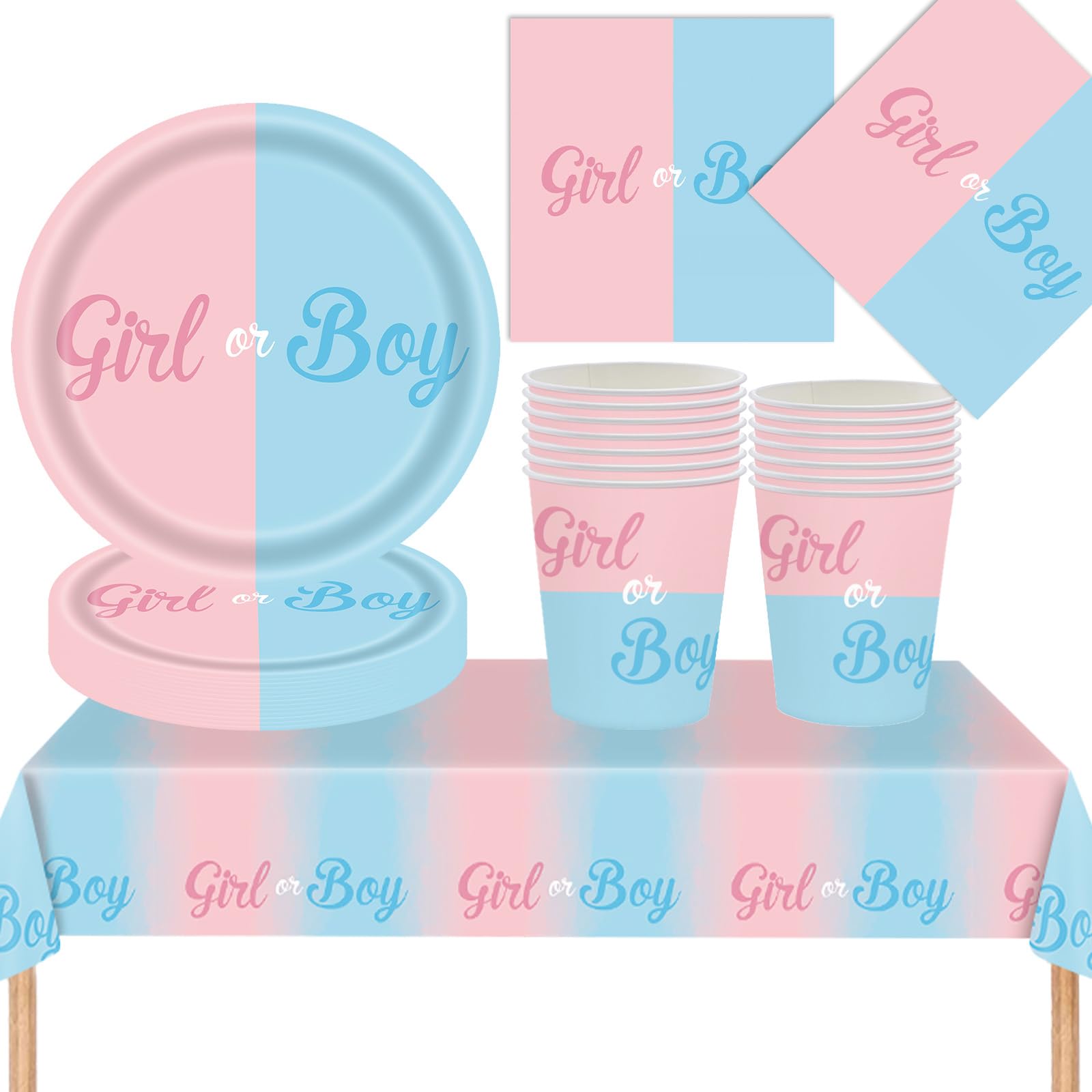 53 Stück Gender Reveal Partygeschirr für 16 Gäste, Babyparty Deko Partyteller Set, Neutral Girl or Boy Baby Party Decoration Rosa Blau Teller Becher Servietten Tischdecke für Baby Shower