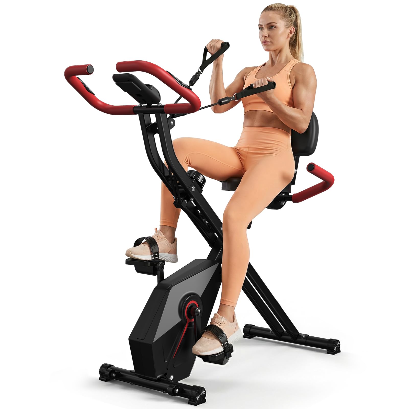 Foldable Exercise Bike - Stationary Bike for Home with 5.5 Pound Flywheel and Arm Resistance Bands, 300LB Capacity, 10dB Quiet, Heart Rate Monitor for Small Apartment Cardio